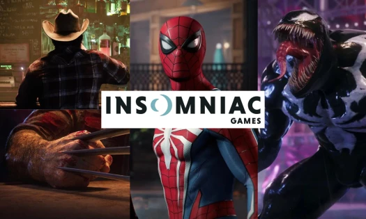 Side by side images of Insomniac Games' games, Wolverine, Spiderman, and Venom, with the Insomniac Games' logo on top