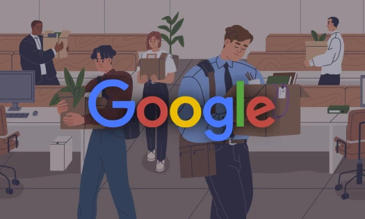 Imag of Google logo in front of a cartoon of employees being laid off in an office