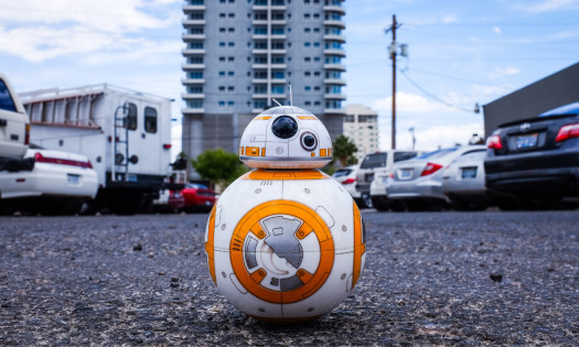 Photo of Star Wars' BB-8 robot in a parking lot
