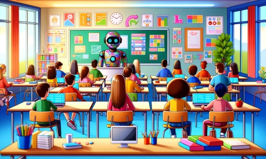 A realistic, colorful, and cartoon-like AI-generated image of a classroom full of students, and an AI as the teacher at the front of the class
