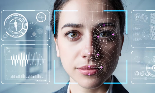 Futuristic photo of woman’s face being scanned by facial recognition for creating a deepfake
