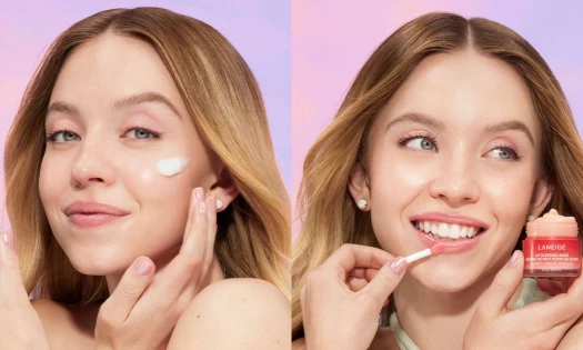 Side-by-side photographs of Sydney Sweedey in a Laneige skincare campaign
