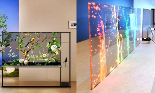 Side-by-side images of the LG's Wireless Transparent OLED TV and the Samsung Transparent MicroLED Screen