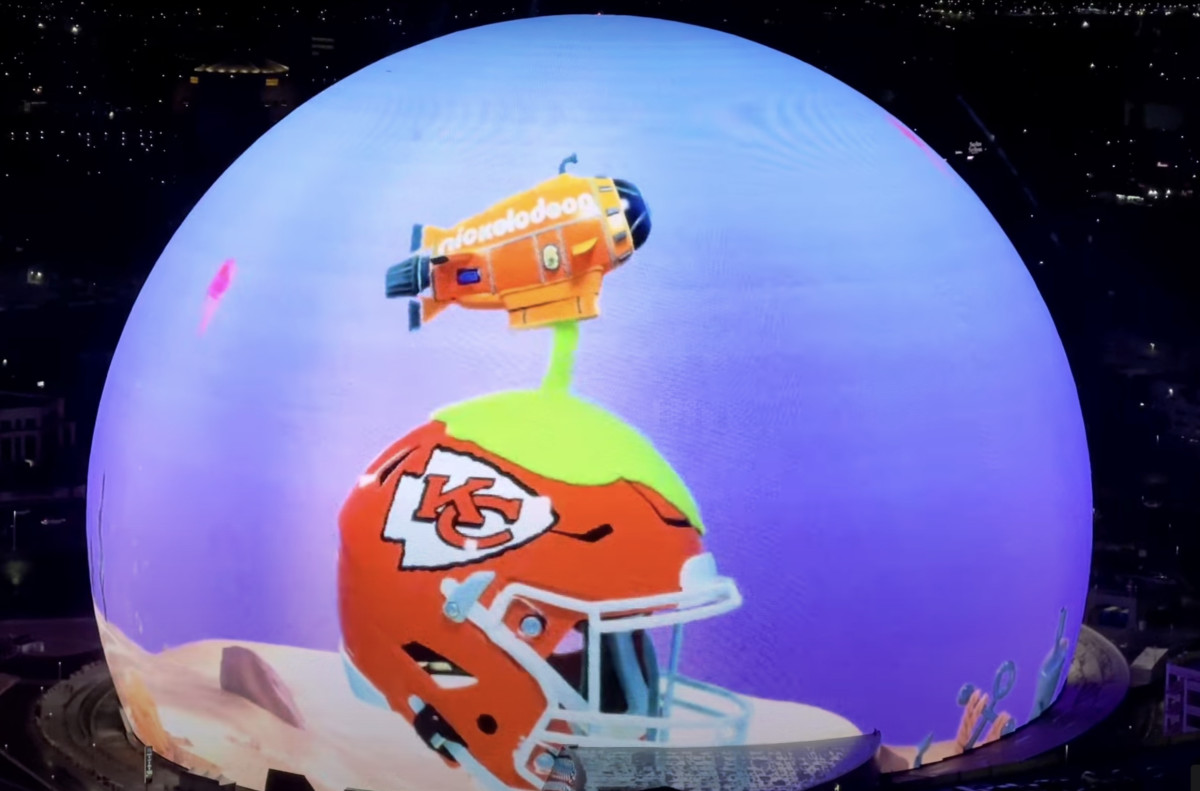 SpongeBob Slimes Super Bowl Teams in Las Vegas Sphere Ad