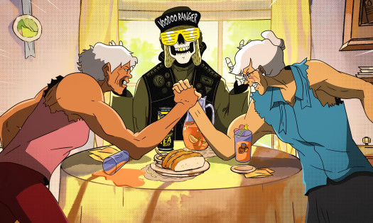 Voodoo Ranger Mascot and Grandmas Arm Wrestling