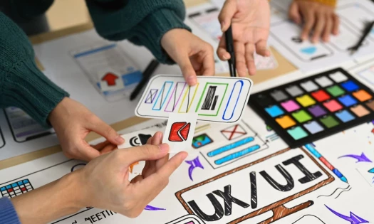 Team members looking at website mockup ideas on a table