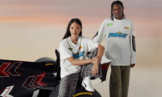 Models showcasing the new F1 US Grand Prix Collection by Pacsun