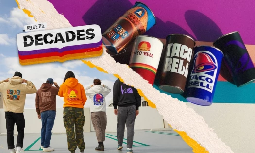 Taco Bell's "Decades" merchandise of hoodies and steel cups