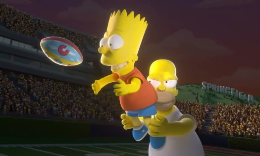Bart and Homer Simpson catching a football on a field
