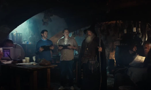 Two interns holding their tablets are in a cave with a wizard