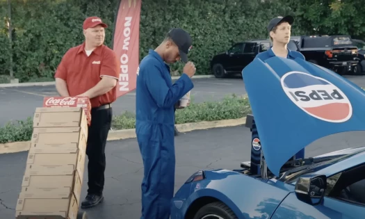 A Coca-Cola deliveryman looks suspiciously at the Pepsi Team outside McDonald's