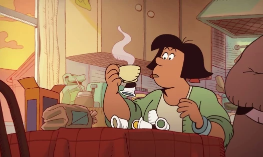 A woman drinks coffee