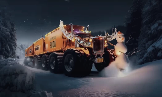 An AI-generated soda truck runs over a snowman