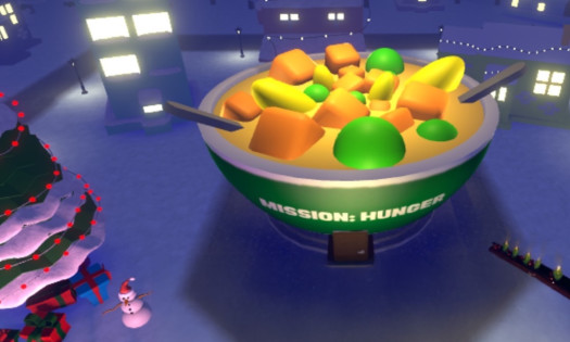 Giant 'Mission: Hunger' soup beside a Christmas tree on Roblox