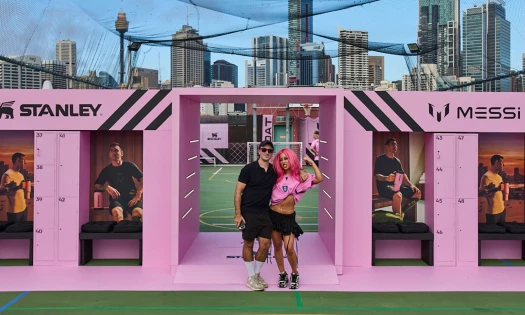 Fans pose at the Stanley and Messi collab event in Sydney.