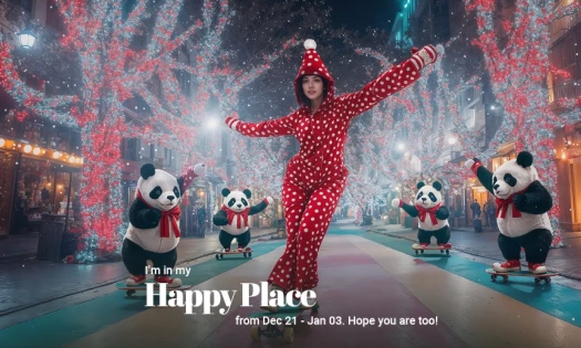 AI-generated ad of a woman skateboarding with pandas in a Christmas-y background