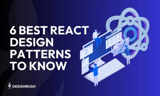 An illustration of 3 figures working on a computer with a symbol of React in the background