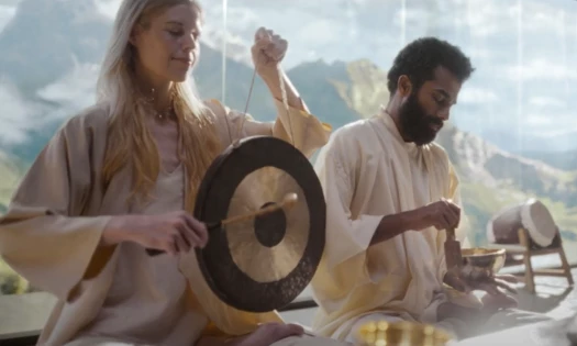 A woman and man sounding gongs and singing bowls
