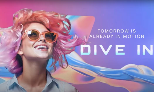Graphics a smiling woman with text 'TOMORROW IS ALREADY IN MOTION, DIVE IN'