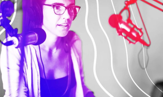 A female podcaster with mic graphics