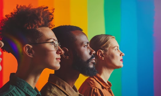 Three people of different races and genders stand against a rainbow backdrop