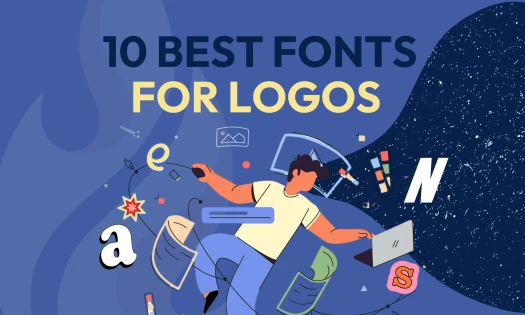 Designer with floating letters, icons, and text '10 Best Fonts for Logos' on a blue creative background