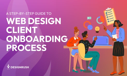 Illustration of employees and a client going through a checklist for a client onboarding process