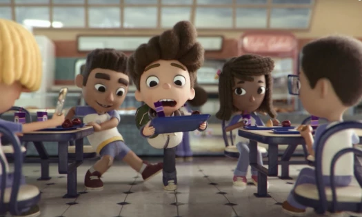 Boy sitting in a box with the purple "bully" monster