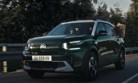 A Dark green Citroën SUV driving along a road with a bear clinging to the rear passenger side