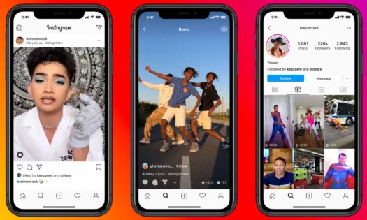 Instagram interfaces for home screen, reels, and profile