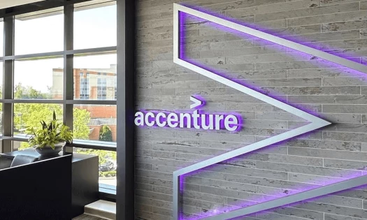 The Accenture logo on the wall of its Indianapolis office