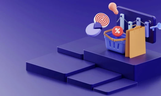 An illustration of a shopping basket, targets, a chart, and shopping bag