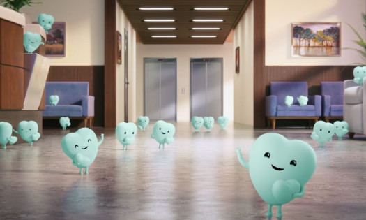 Animated blue hearts in a hospital reception setting