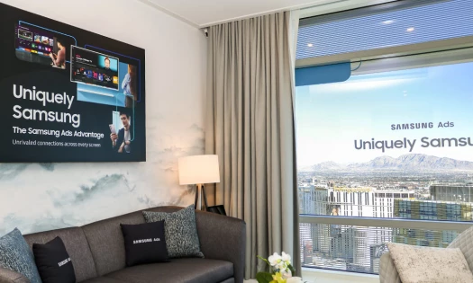 Samsung TV in a living with text: Uniquely Samsung, The Samsung Ads Advantage