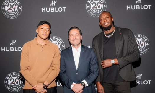Usain Bolt, Kylian Mbappé, Hublot CEO Julien Tornare at the Hublot Big Bang anniversary event