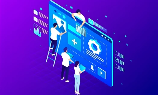 An illustration of people working together on building software