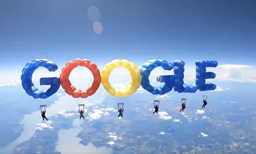 An AI-generated content of people's parachutes spelling out google