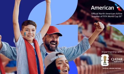 Fans cheering at the FIFA World Cup with graphics of the American Airlines and Qatar Airways partnerships