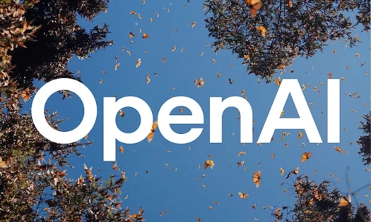 The OpenAI typeface against a sky and trees backdrop with flying butterflies