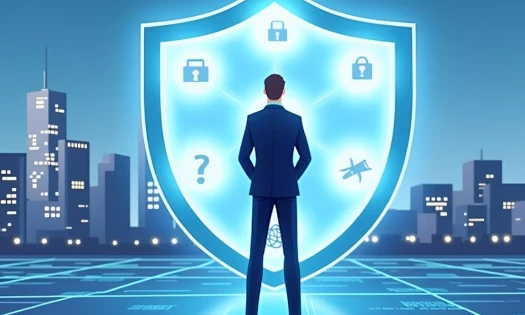 Illustration of a man standing in front of a shield in a cyber world