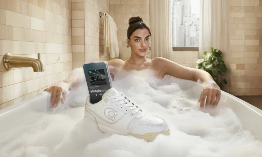 Toni Breidinger in a bathtub with her phone in a Coach Soho Sneaker