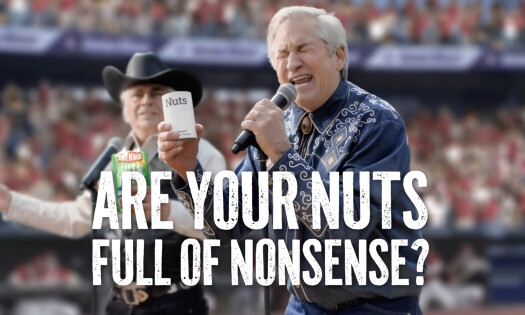 Man holding a can of nuts singing with text: Are your nuts full of nonsense?