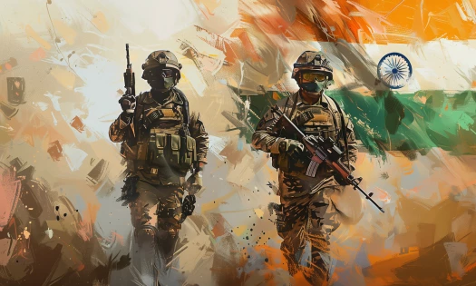 A 3D painting of two soldiers with the India flag in the background