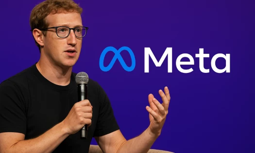 Mark Zuckerberg speaks at a tech conference, holding a microphone, with the Meta logo against a purple background