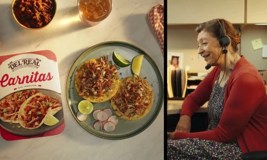 Del Real Foods image showing carnitas tacos and a smiling abuela in a headset, part of the "Abuela Intelligence" campaign