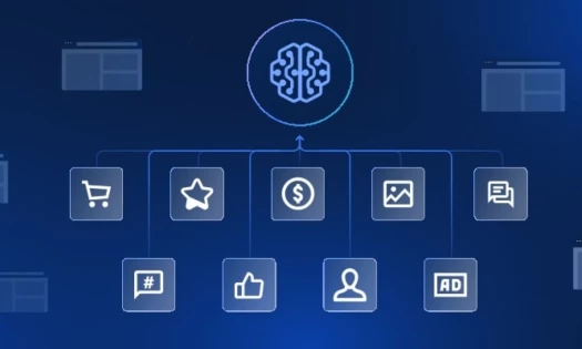 Infographic depicting several connections between online shopping, currency, images, profiles, likes, etc.