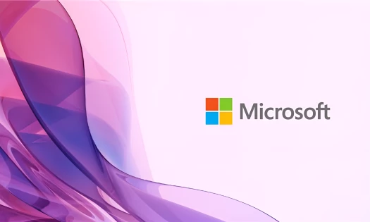 Microsoft's logo against a pink and purple swirling backdrop