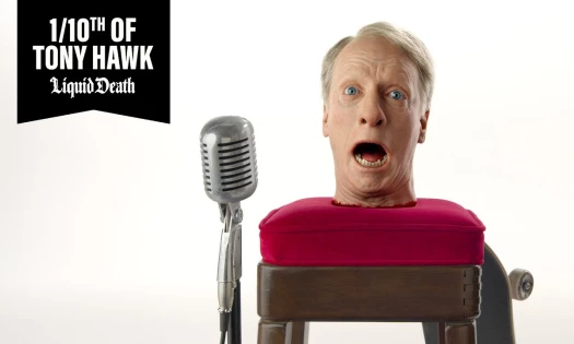 Tony Hawk's head in Liquid Death spot