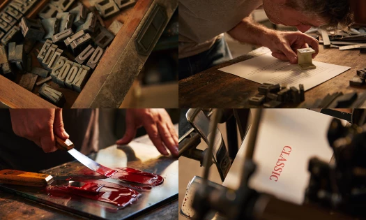 Four screenshots of Coca'Cola's "Classic" commercial: letters in a typewriter, a man checking a text with a magnifying lens, a red paint on a board, "CLASSIC" on a page in a typewriter