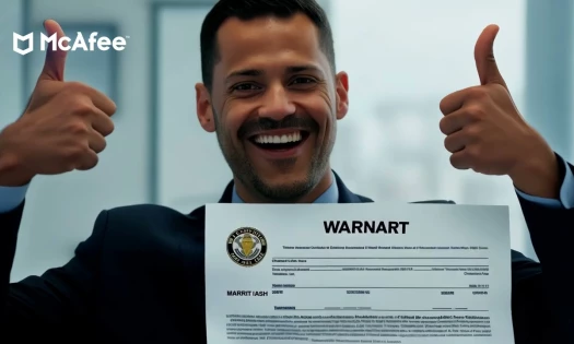 A smiling man with an arrest warrant (WARNART) in McAfee's new ad holding two thumbs up